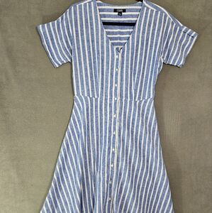 Chaps Womens Small Linen Blend Maxi Dress Button Up Blue Striped Vneck Lagenlook
